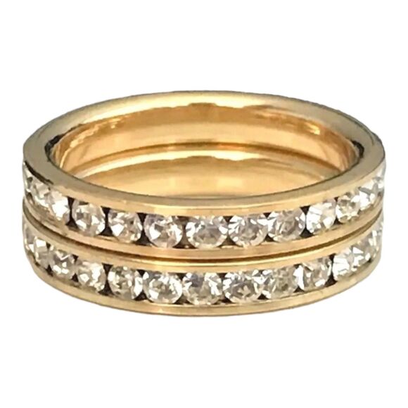 DESIGNER Ring Size 6.5 Two Stackable Bands Gold Simulated Diamonds 2P - Picture 4 of 8